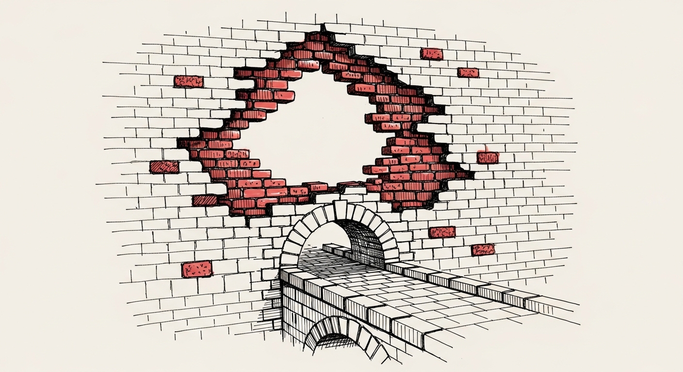 Illustration of a wall crumbling to reveal a bridge