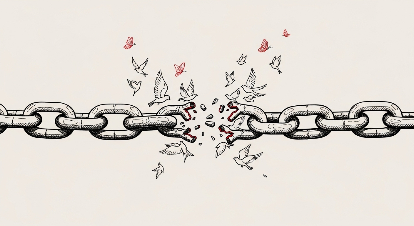 Illustration of breaking chains transforming into birds