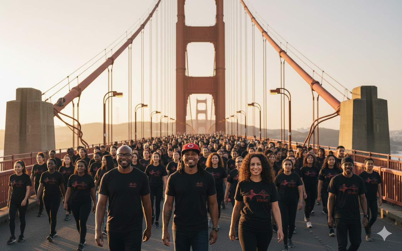 The Th3rd Bridge community walking together on the Golden Gate Bridge, symbolizing unity and moving forward together